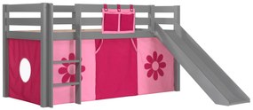Conjunto Cama alta de Criança PINO 90 x 200 cm + estrado + escada + escorrega + cortina Flores Cinzenta