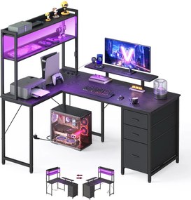 Secretária de canto em forma de L, 140 x 100 x 150 cm, com LED Preto