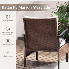 Conjunto de móveis jardim de vime de 5 peças com pufes, almofadas e mesa auxiliar de vidro temperado de 2 níveis para jardim, varanda, Castanho e Bege