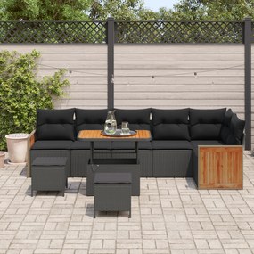 Conjunto de Sofás de Jardim de 9 Peças com Almofadas Preto Polirattan