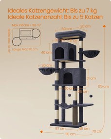 Arranhador de gatos com 175 cm de altura XL com 2 grutas cinzento escuro