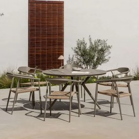 Conjunto De Mesa Redonda De Alumínio Valerie (ø125 Cm) E 6 Cadeiras De Jardim Com Braços Em Alumínio E Vime Sintético Marsha Castanho Moka - Sklum