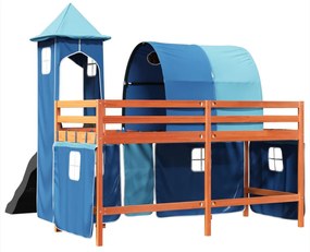 Cama alta para criança com torre 90x200 cm pinho maciço azul