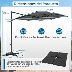 Guarda-sol Suspenso (BASE NÃO INCLUIDA), 292 x 292 x 240 cm, Rotação de 360°, Cinzento