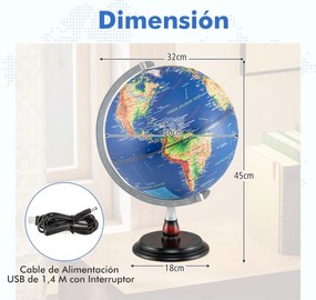 Globo Terrestre 32 x 32 x 45 cm Iluminado Lámpada de Noite com Suporte de Madeira e Mapa Transparente para Crianças e Adultos Azul