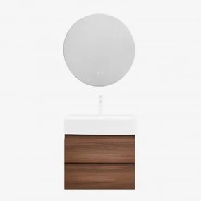 Conjunto De Móvel De Casa De Banho Em Madeira E Chapa De Freixo Com Lavatório Integrado Ona Madeira Escura & Redondo Led E - Sklum