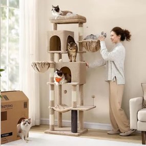 Arranhador para gatos com 175 cm de altura, 2 cavernas e 2 cavidades para descansar castanho camelo