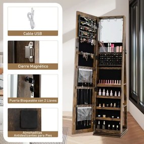 Armário giratório de 360° para joias com espelho de corpo inteiro 43 x 38 x 160 cm e prateleiras Espelho de maquilhagem Castanho