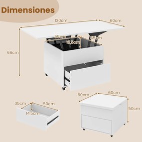 Mesa de Centro Elevável e Dobrável, 60 x 60 x 50 cm, Arrumação Oculta, Branco
