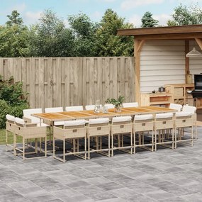 vidaXL 17 pcs conjunto de jantar p/ jardim c/ almofadões vime PE bege