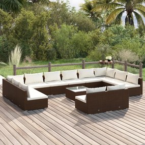 vidaXL 13 pcs conjunto lounge de jardim c/ almofadões vime PE castanho