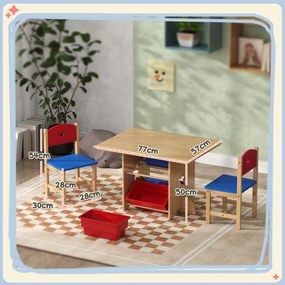 Mesa infantil com 2 cadeiras – conjunto de 3 peças em madeira com 4 caixas de arrumação em madeira natural