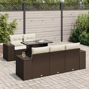 6 pcs conjunto de sofás jardim c/ almofadões vime PE castanho