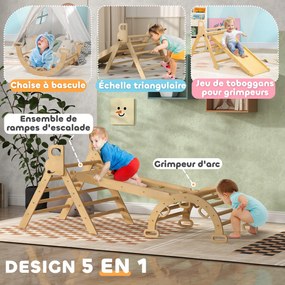 Triângulo de escalada 185 C x 66 L x 71 A cm infantil 5 em 1 com rampa de escalada reversível e balancé madeira natural