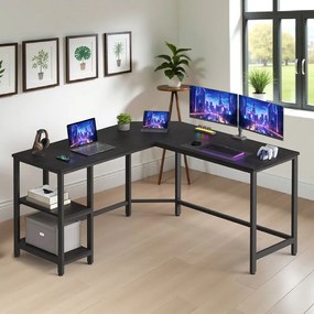 Secretária em forma de L 138 x 138 x 76 cm (P x L x A) com 2 prateleiras, preta com veios de madeira preta com veios de madeira
