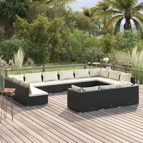 vidaXL 13 pcs conjunto lounge de jardim c/ almofadões vime PE preto