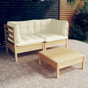 vidaXL 3 pcs conjunto lounge jardim c/ almofadões cor creme pinho