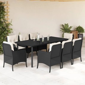 9 pcs conjunto de jantar p/ jardim c/ almofadões vime PE preto