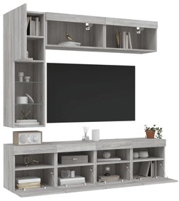 7 pcs conj. móveis de parede p/ TV c/ luzes LED cinzento sonoma