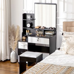 Conjunto de toucador com banco estofado, espelho grande + várias prateleiras abertas + 4 gavetas, branco e preto