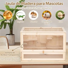 Gaiola de madeira para hamsters com tampa de malha rebatível, várias áreas para escalar, rampa, painel acrílico, porta com fechadura castanha