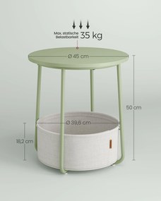 Mesa de apoio redonda, mesa de cabeçeira com cesto em tecido 45 x 50 cm (Ø x H) Verde louro + branco creme