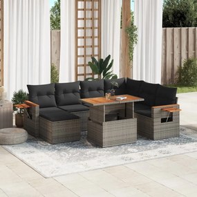 8 pcs conjunto sofás de jardim c/ almofadões vime PE cinzento