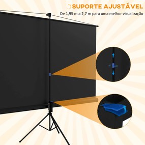 Tela de Projeção Manual com Suporte 100 Polegadas Portátil Formato 16:9 com Altura Ajustável 235,8x8x136 cm Branco e Preto