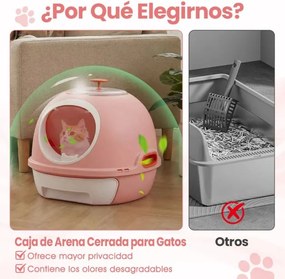Caixa de areia fechada para gatos com entrada frontal e superior, inclui pá e bandeja para gatos até 10 kg, cor rosa