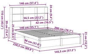 Cama com estante sem colchão 140x200 cm pinho maciço branco