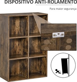 Estante de 3 Níveis Prateleira para Livros com 6 Cubos de Arrumação para Escritório 65,5x30x97,5 cm Castanho Rústico