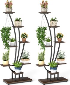 Conjunto de 2 suportes para plantas de interior com luzes. Estante metálica de 8 níveis com gancho para escritório, 67 x 30 x 156 cm, castanho e preto