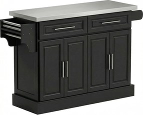 HOMCOM Ilha de Cozinha com Rodas Bancada de Aço Inoxidável 2 Gavetas 4 Portas e 2 Prateleiras Ajustáveis 145x45x93 cm Preto | Aosom Portugal