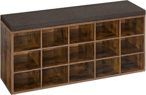 Sapateira VASAGLE, banco para sapatos com assento, armário para sapatos com almofada, 15 compartimentos de armazenamento abertos, 30 x 105 x 48 cm, para corredor, quarto, sala de estar, entrada, marrom rústico e marrom LHS15BX