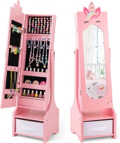 Conjunto de Toucador e armário para joias para meninas com espelho dobrável LED e espelho de corpo inteiro Rosa