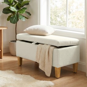 Banco de arrumação 71x37x36 cm, apoio de cama, apoio para os pés almofadado em linho com pés em madeira de borracha, bege