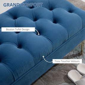 Banco estofado para cabeceira da cama, estilo clássico chique, dim. 118 x 45 x 42 cm, pés em metal dourado, veludo azul