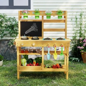 Cozinha de brincar para crianças de madeira 79 x 32 x 95 cm para exterior com torneira Pias removíveis Quadro negro Placas de cozedura natural