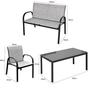 Conjunto Jardim de Mesa de Centro, 2 Cadeiras, Banco e Mesa de Centro de Jardim em Ferro e Malha para Terraço Exterior Cinzento