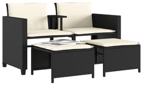 Sofá de jardim de 2 lugares com mesa e bancos vime PE preto