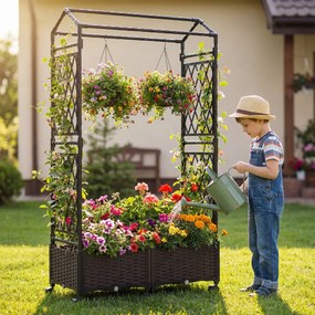 Floreira de jardim 81 x 40 x 162 cm com rega automática, com treliça e rodas bloqueáveis em rattan para plantas trepadeiras, tomates ou flores, castan