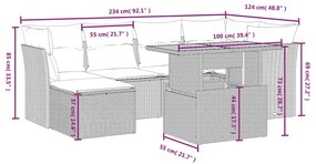 7 pcs conjunto sofás p/ jardim c/ almofadões vime PE cinzento
