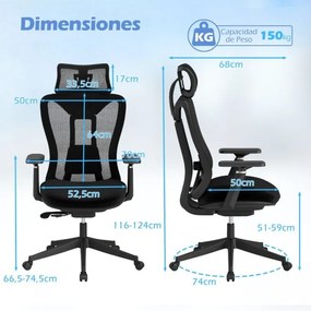 Cadeira de escritório em malha com encosto ajustável em 3 níveis, almofada lombar e apoio para a cabeça, braços, 70 x 68 x 116-124 cm, preta