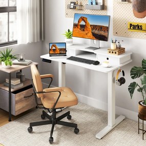 Secretária elétrica com pé 100 x 60 cm com 2 gavetas, altura ajustável e suporte para monitor Branca