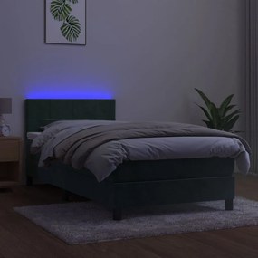 Cama box spring c/ colchão/LED 90x200 cm veludo verde-escuro