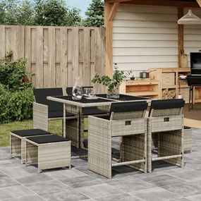 vidaXL 9 pcs conjunto de jantar p/ jardim c/ almofadões cinzento claro