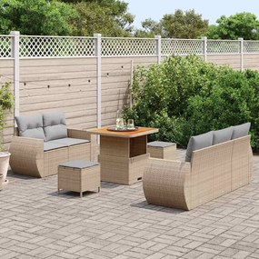 Conjunto de Sofá de Jardim com 8 Peças e Almofadas Bege Vime Poliéster