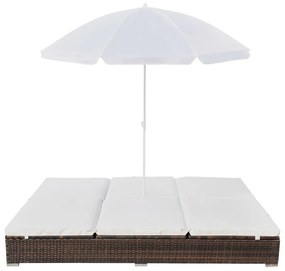 Espreguiçadeira de exterior com guarda-sol vime PE castanho