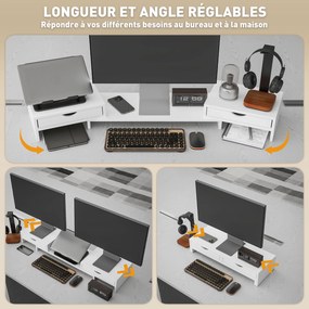 Suporte elevatório para monitor de computador de secretária, 60-116 C x 22 L x 12 A cm, com 2 gavetas, comprimento e ângulo ajustáveis branco