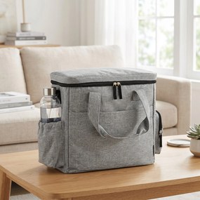 Saco de transporte para cães com bolsos, 2 sacos para ração, tigela dobrável, divisória ajustável, 38 x 17 x 35 cm, cinzento claro